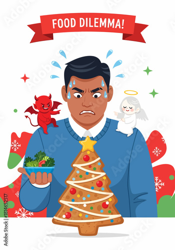 A stressed man faces a holiday eating dilemma, torn between a tempting Christmas cookie and a healthy bowl of vegetables