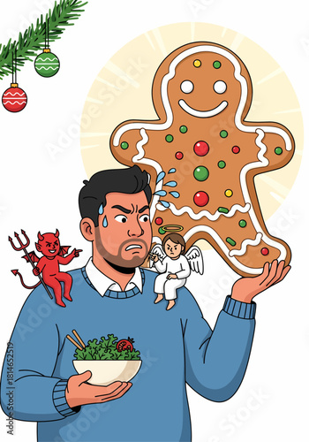 Navigating holiday temptations a man's internal struggle to choose between a delectable gingerbread man and a healthy salad, symbolizing dietary challenges during festive seasons