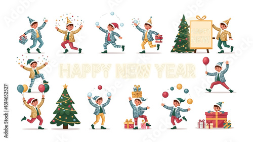 Joyful New Year Celebration: A cheerful ensemble of characters, each one filled with holiday spirit, dances through a scene of festivity with gifts and decor! 