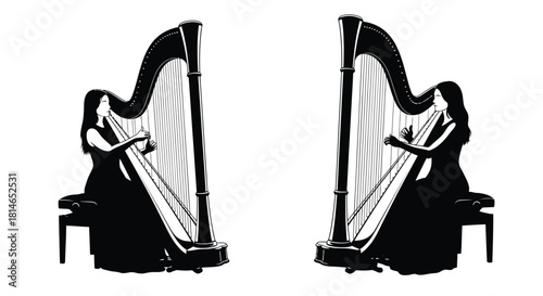 Elegant black silhouettes of women playing large ornate harps in profile