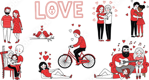 Love celebration illustration—couples, families, and joyful moments with “LOVE” typography and heart accents