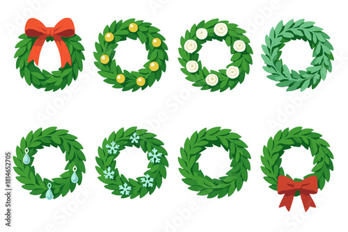 Elegant Holiday Wreaths. Elegant Holiday Wreaths flat icons set. silk ribbon, metallic accents, pearl ornaments, white roses, frosted leaves, crystal drops, snowflake charms