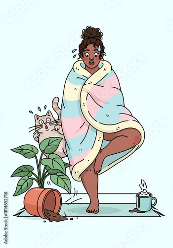 Startled woman in a cozy blanket reacts to a mischievous cat and a fallen houseplant, creating a humorous morning mishap scene of relatable domestic chaos and unexpected clumsiness