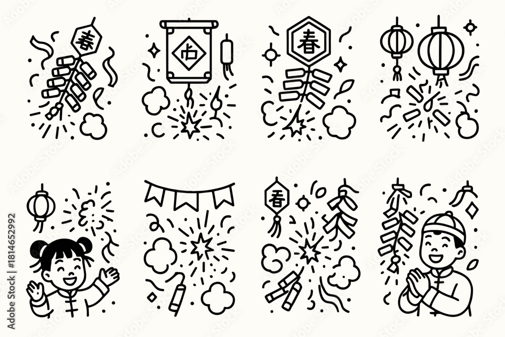 Naklejka premium Festive Firecracker Celebration. Chinese New Year Firecrackers linear icon set. bursting crackers, smoke clouds, golden light, red ribbons, festive banners, lanterns around, happy