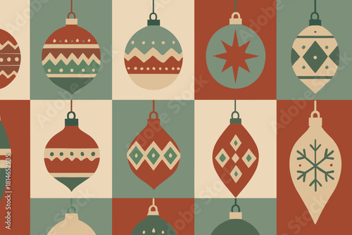 Ornamental Baubles Design. Ornamental baubles in varied shapes and sizes, depicted with simple geometric patterns. Each ornament is framed within a square,. Vector illustration