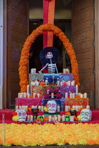 Day of the Dead Ofrenda Altar with Marigold Arch, Sugar Skulls and Candles