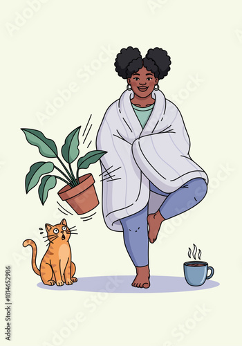 A humorous morning scene of a person wrapped in a blanket attempting a balanced yoga pose, while a startled cat watches a potted plant tumble, capturing everyday domestic chaos