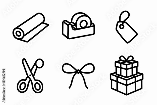 Gift Wrapping Essentials. Gift Wrapping Time linear icon set. wrapping paper roll, tape dispenser, tag label, scissors, twine bow, gift stack