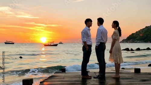 Three people standing on a wooden pier facing each other during a vibrant sunset at the beach
