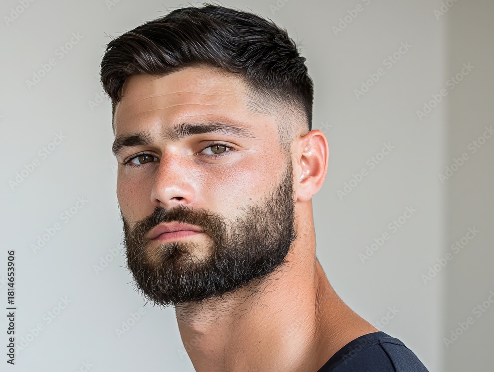 Fototapeta premium A stylish young Caucasian man with a well-groomed beard poses confidently, showcasing a modern haircut.