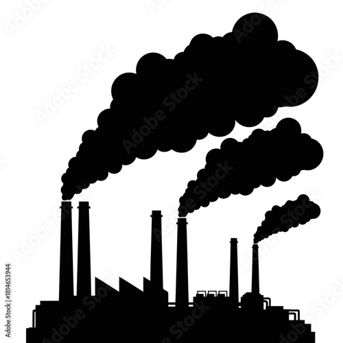 Silhouette of industrial factory with multiple smokestacks emitting black smoke against a