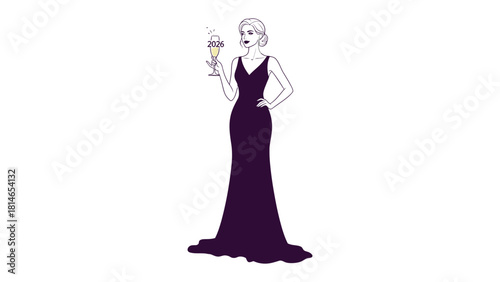 Elegance with Champagne: An illustration of a woman in a formal evening gown, holding a glass of champagne, exuding grace and sophistication.