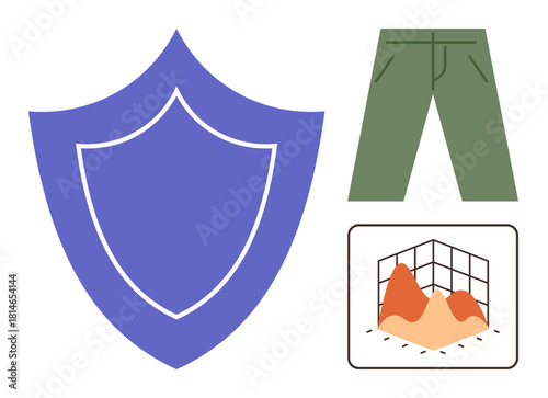 Large blue shield, green pants, and a 3D graph symbolizing security, fashion, and analytics. Ideal for protection, clothing, safety, data analysis charts business insights conceptual metaphors