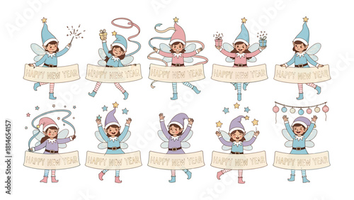 Holiday Elves with Festive Greetings: Charming illustrated elves, each adorned with whimsical costumes and fairy wings, gleefully display Happy New Year banners, evoking joy and anticipation.