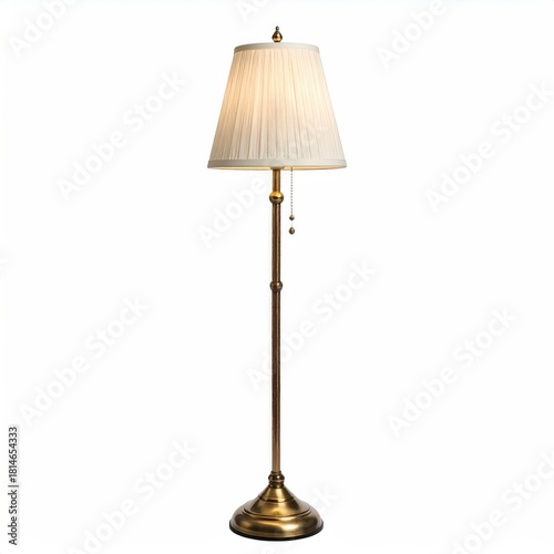 Tall, brass floor lamp with a pleated, ivory shade