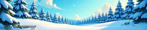 Cartoon snowy pine forest, whimsical winter scene, illustration, trees
