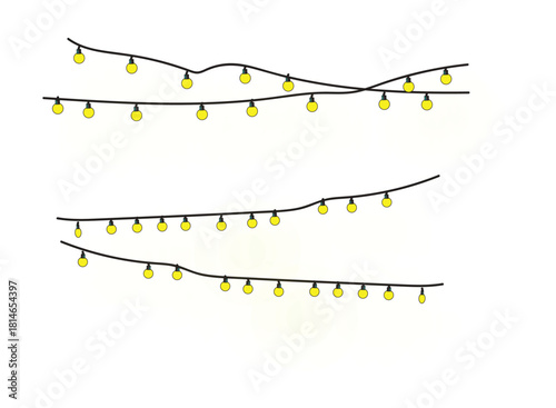 Four illustrated strings of glowing yellow fairy lights hanging against a plain white background.