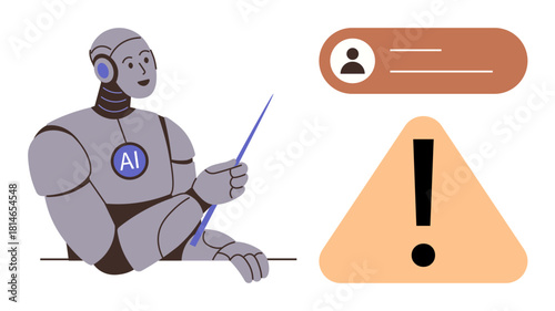 Robot labeled AI using a pointer to explain user profile details and warning symbol. Ideal for AI technology, cybersecurity, data privacy, machine learning, user safety, system alerts, simple flat