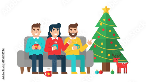 Festive Gathering: A warm holiday scene, showcasing friends united around a beautifully adorned Christmas tree, embracing the spirit of the season. 