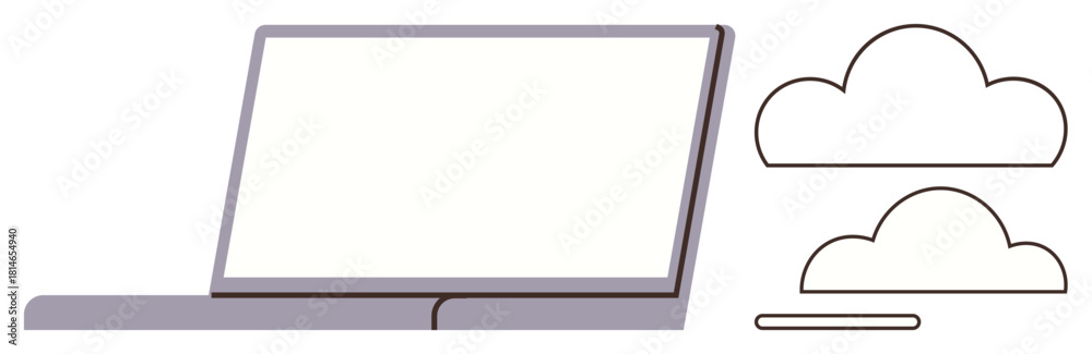 Obraz premium Open laptop alongside two cloud icons implying cloud computing, web services, or data synchronization. Ideal for technology, innovation, remote work, data security, connectivity, backup simple flat