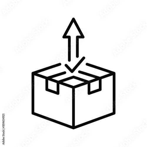 Black and white line art icon representing an arrow pointing up out of an open cardboard box, isolated on