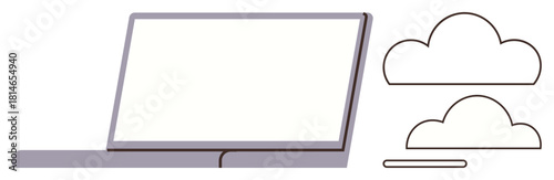 Open laptop alongside two cloud icons implying cloud computing, web services, or data synchronization. Ideal for technology, innovation, remote work, data security, connectivity, backup simple flat