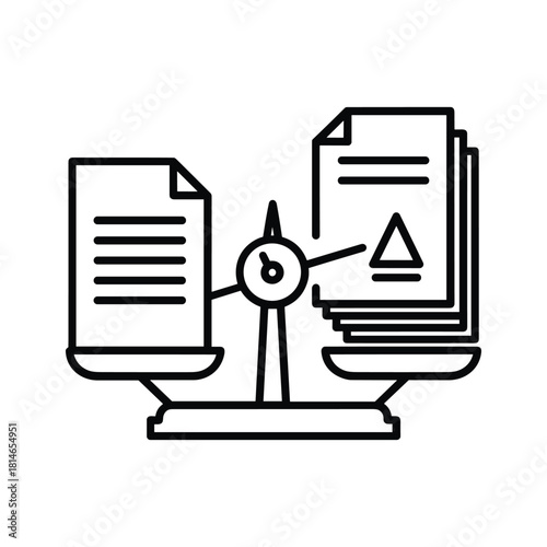 Line art icon of a balance scale weighing two stacks of documents or contracts representing comparison or agreement