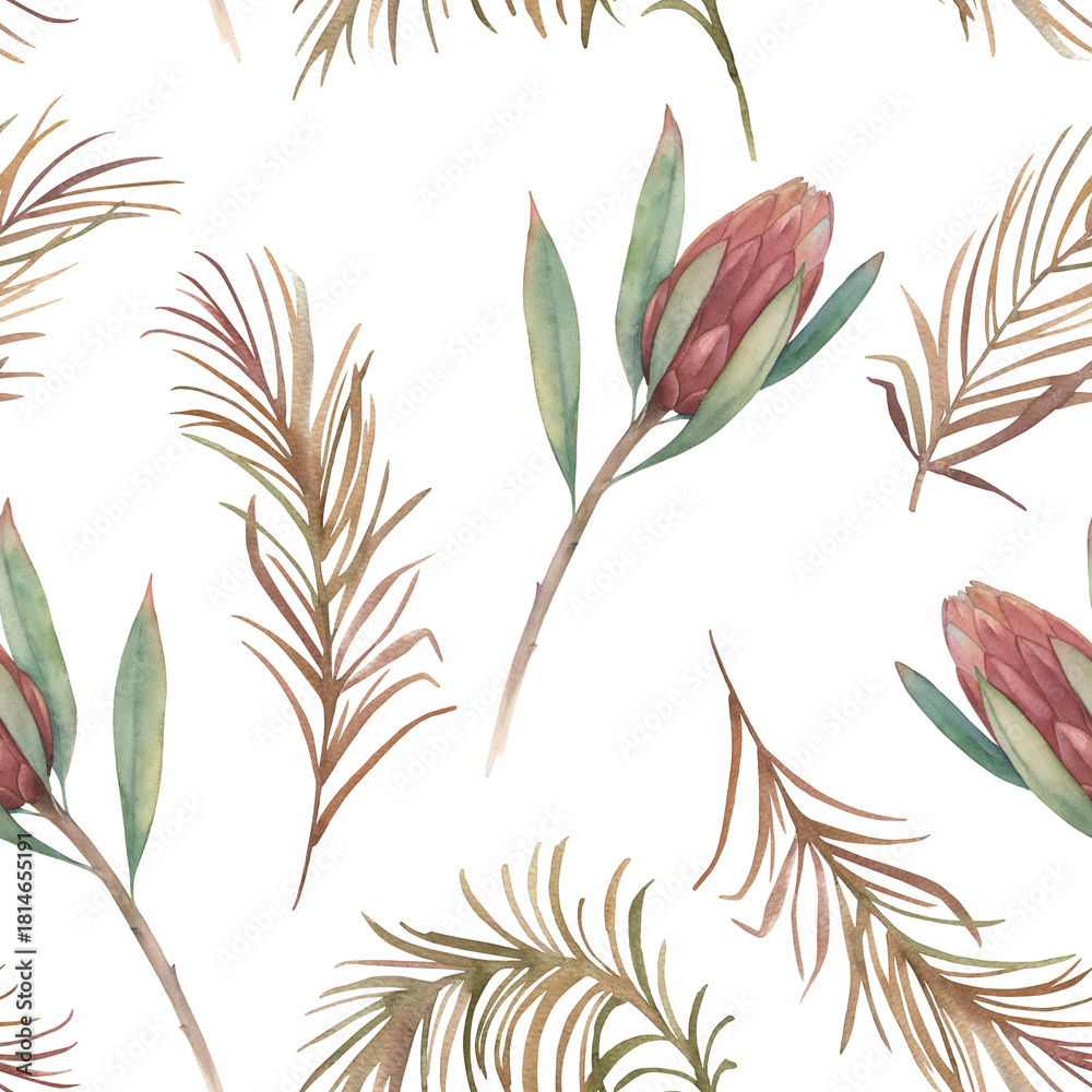 Fototapeta premium Jungle summer print. Watercolor seamless pattern with palm leaves and protea on white background. Hand drawn illustration