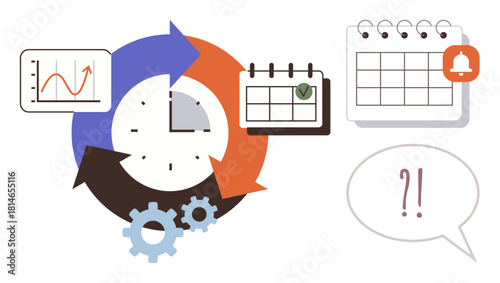 Clock with arrows, calendar icons, chart with graph, gears, and speech bubble emphasize planning, scheduling, analytics, teamwork productivity goal setting and workflow. Ideal for workflow