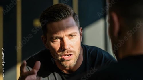 Man talking face to face during conversation, engaged in face to face discussion. Serious man engaged in conversation is explaining something important to another person in casual setting.