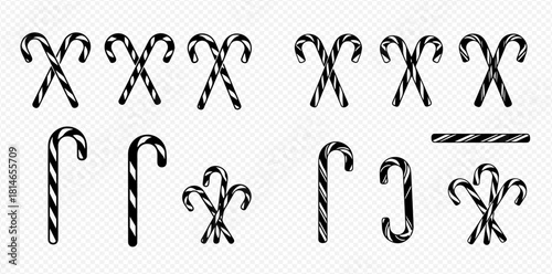Set of black and white candy cane illustrations for Christmas and holiday designs.