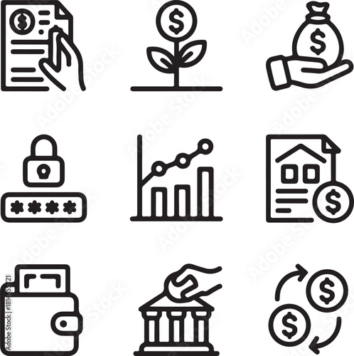 Bank icon set. Containing wallet, online banking, savings, loans, ATM, mortgage, investment, banger and more. 
