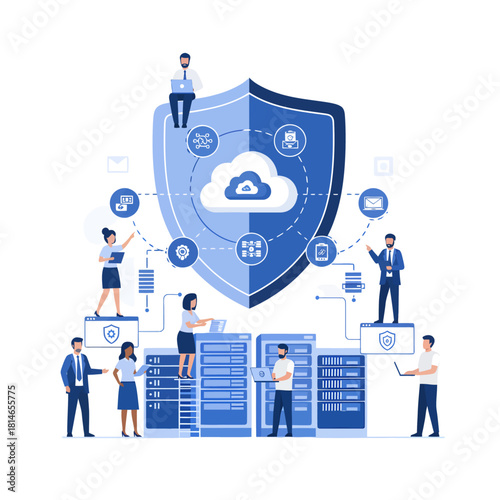 Illustration of cybersecurity and cloud computing with people managing data servers and network protection.