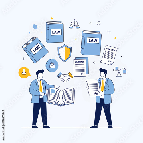 Two businessmen discussing a legal contract with law-related icons like books and scales of justice.