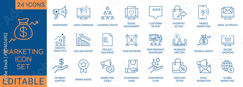 This 24-piece e-commerce line icon set includes essential symbols for online shopping, retail stores, mobile apps, and digital businesses. Icons include shopping cart, payment, sale, discount.