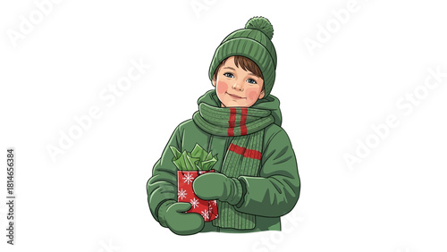 Winter Gift Bearer: A young child, warmly bundled in winter attire, cradles a festive gift, his face lit with anticipation, offering a glimpse of the joy of the holiday season.