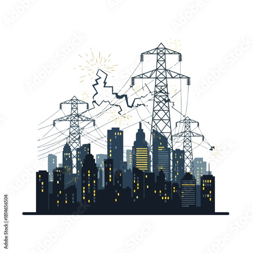 Cityscape with skyscrapers and power lines at night, digital illustration of urban landscape with illuminated buildings and electric towers