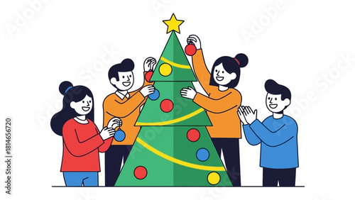 Joyful Ornamenting: A cheerful group gathers around a vibrant Christmas tree, adorning it with colorful ornaments and a radiant star, embodying the spirit of festive preparation and togetherness.