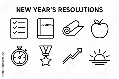 New Year Icons. New Year’s Resolutions linear icon set. checklist, journal, yoga mat, apple, stopwatch, star medal, growth arrow, sunrise