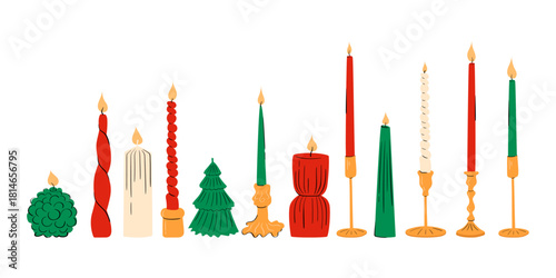 Elegant holiday candle collection. Festive taper candles and Christmas decorative candles. A large, cozy candle collection. Home decor items.