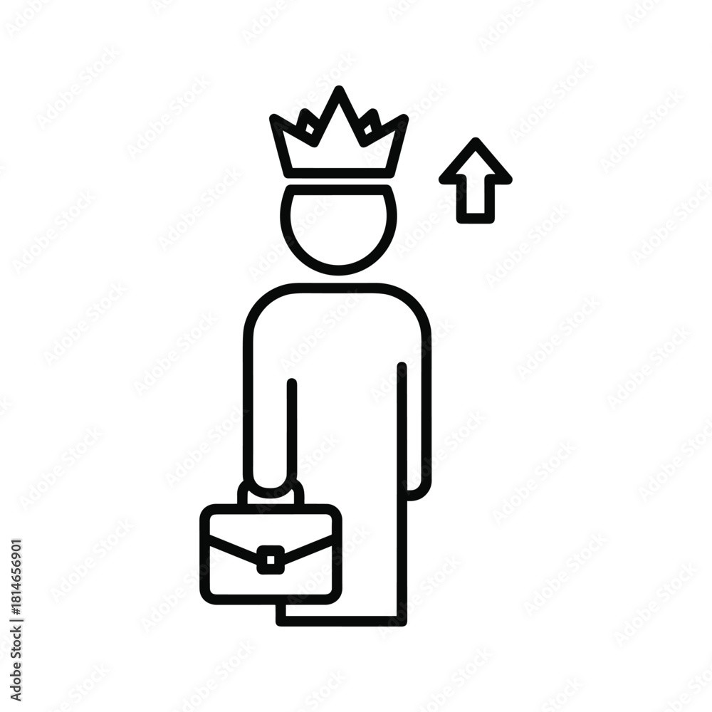Obraz premium Line icon of a businessman wearing a crown with an upward arrow symbolizing success, leadership, and career growth isolated on