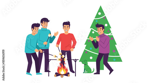 Cozy Gathering: Friends gather around a crackling bonfire, roasting marshmallows under a starry sky near an illuminated Christmas tree, creating a heartwarming scene of shared joy and companionship.