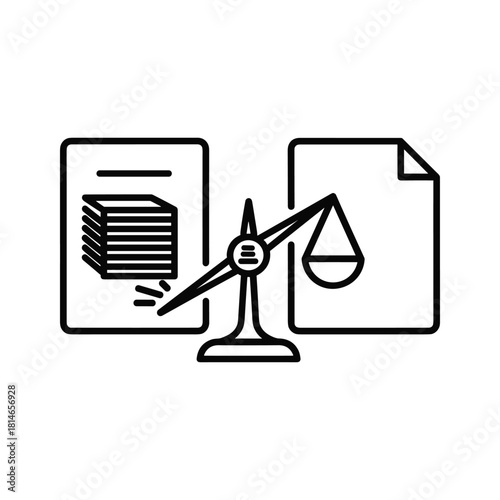 Line art icon representing legal document comparison and balance of evidence or case files isolated on