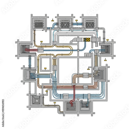 Complex mechanical system with interconnected pipes and valves in a detailed schematic diagram