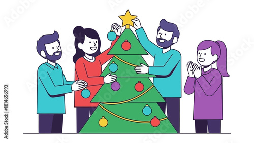 Festive Family Decoration: A close-knit family decorates a Christmas tree together, creating joyful memories and sharing holiday cheer.