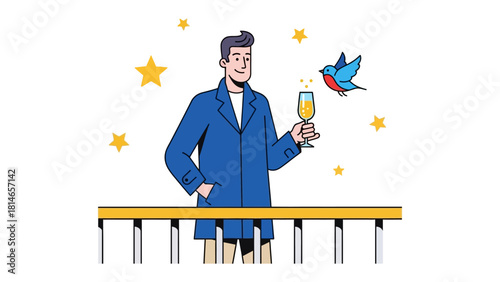 Celebratory Toast: A gentleman, basking in the joy of the moment, extends a champagne flute for a celebratory toast, accompanied by a spirited bird and starry embellishments.