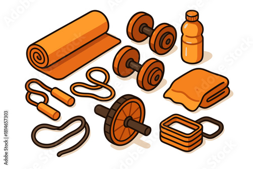 Fitness equipment icon set. Gym workout gear vector set. Fitness equipment vector illustration in modern isometric style.