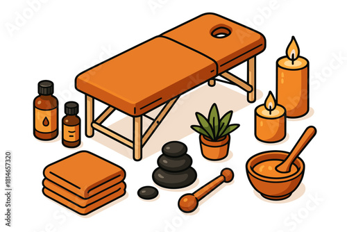Spa equipment icon set. Relaxation and therapy vector set. Spa equipment vector illustration with massage table and candles.