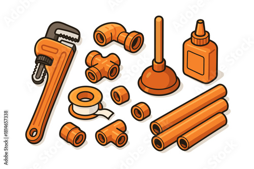 Plumbing tools icon set. Home plumbing repair vector set. Plumbing tools vector illustration for maintenance and fix.