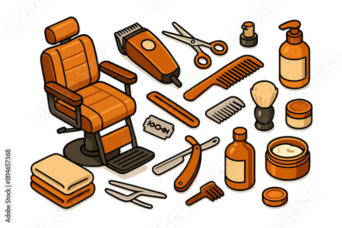 Barber tools icon set. Hairdressing and shaving gear vector set. Barber tools vector illustration with chair and accessories.